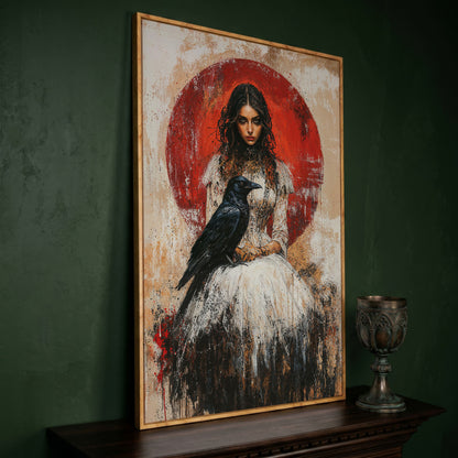 Gothic Queen and Black Raven Portrait Canvas in white oak floating frame