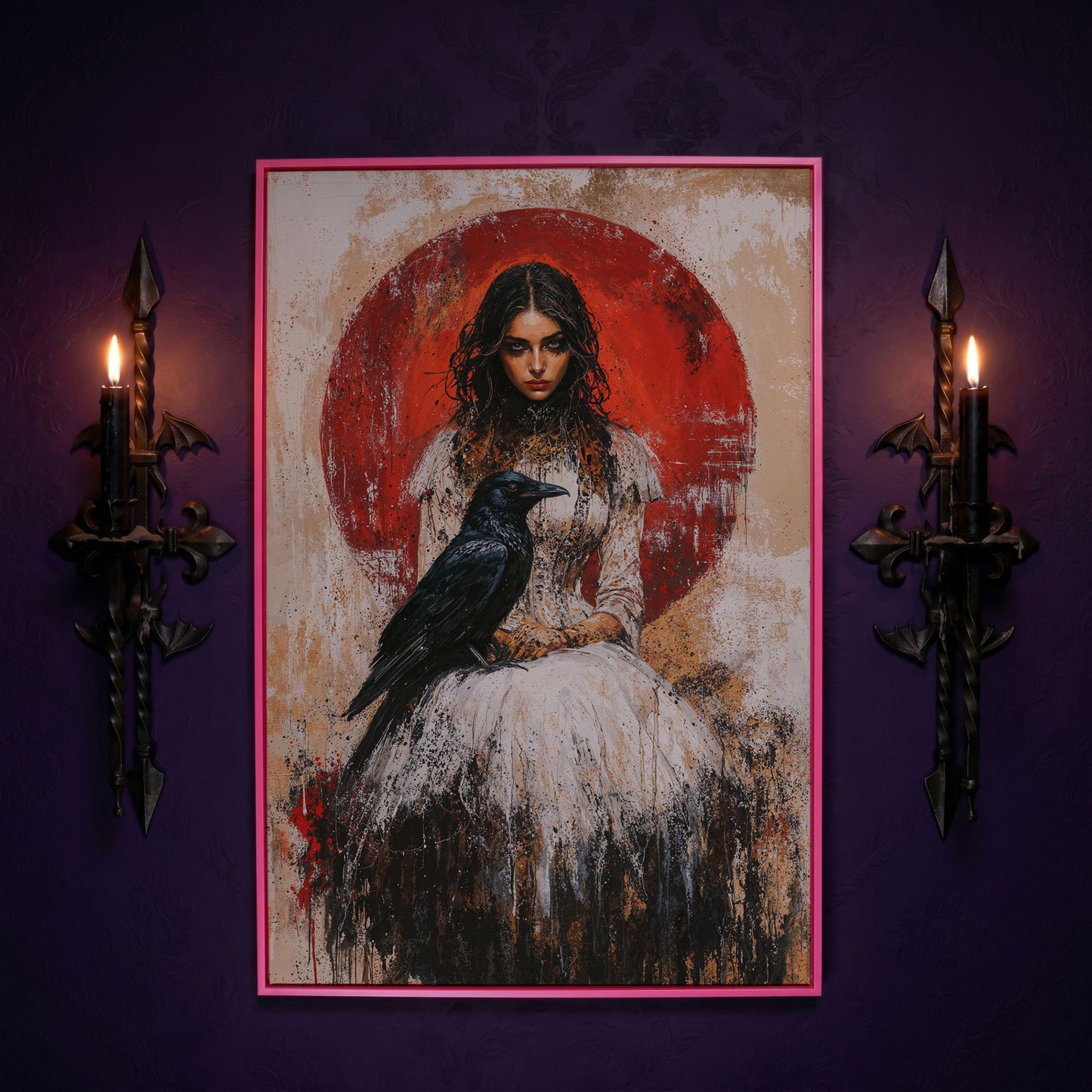 Gothic Queen and Black Raven Portrait Canvas in pink floating frame