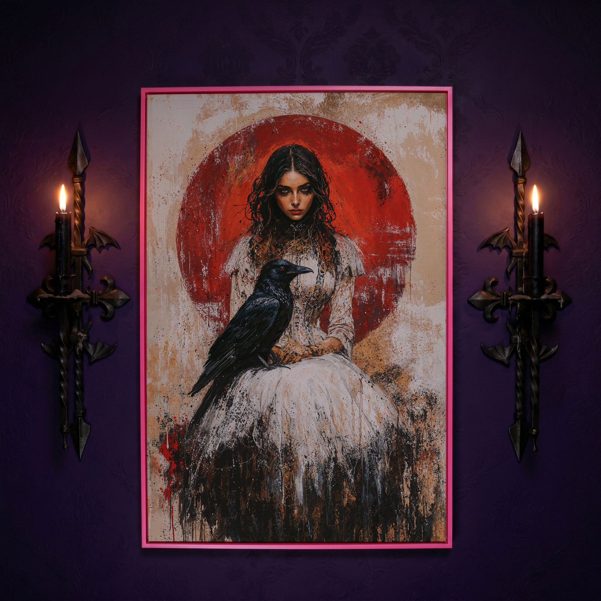 Gothic Queen and Black Raven Portrait Canvas in pink floating frame