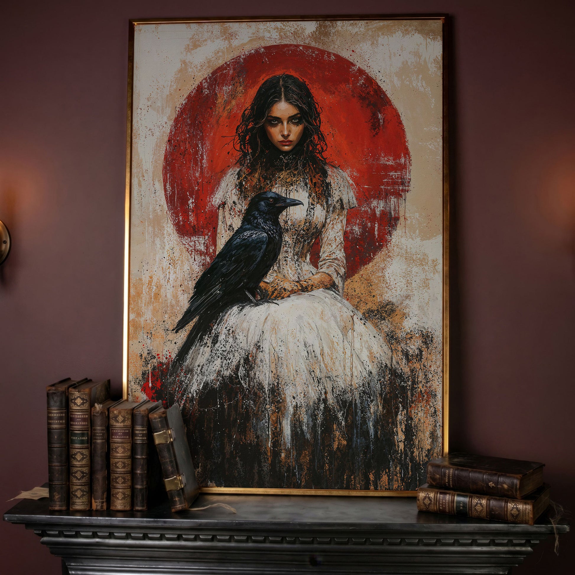 Gothic Queen and Black Raven Portrait Canvas in rose gold floating frame