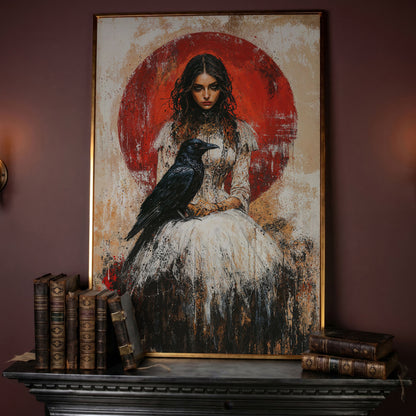 Gothic Queen and Black Raven Portrait Canvas in rose gold floating frame