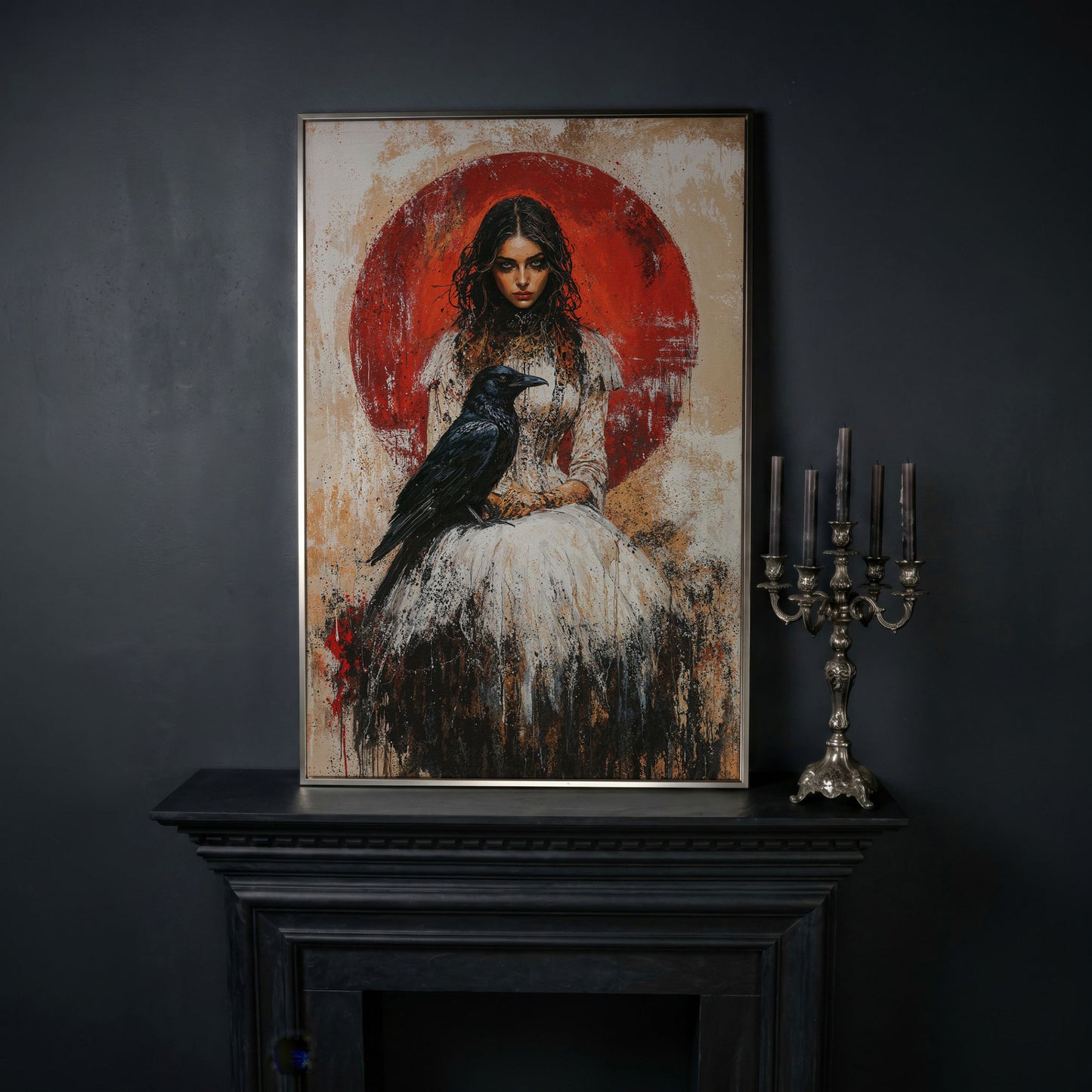 Gothic Queen and Black Raven Portrait Canvas in silver floating frame