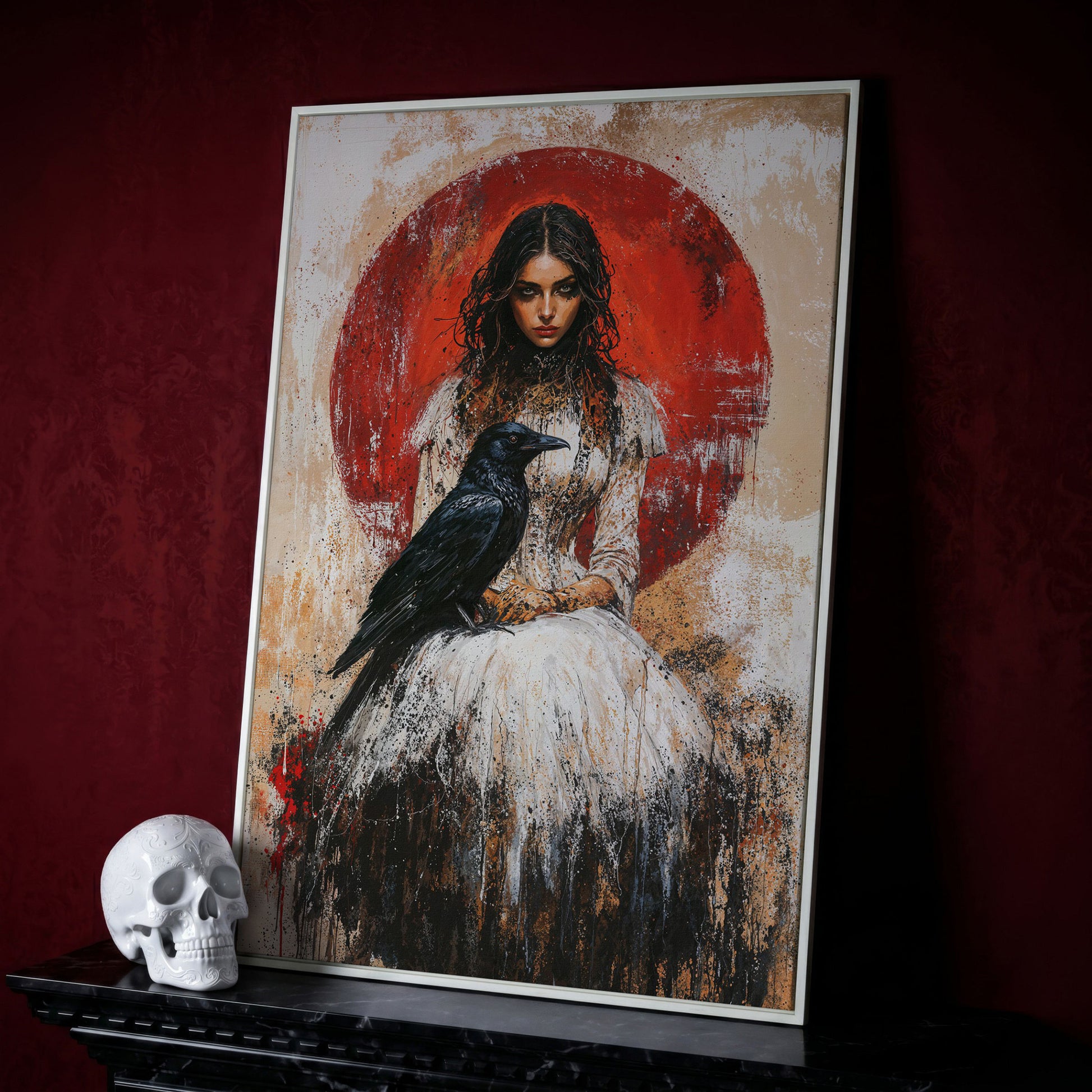 Gothic Queen and Black Raven Portrait Canvas in white floating frame