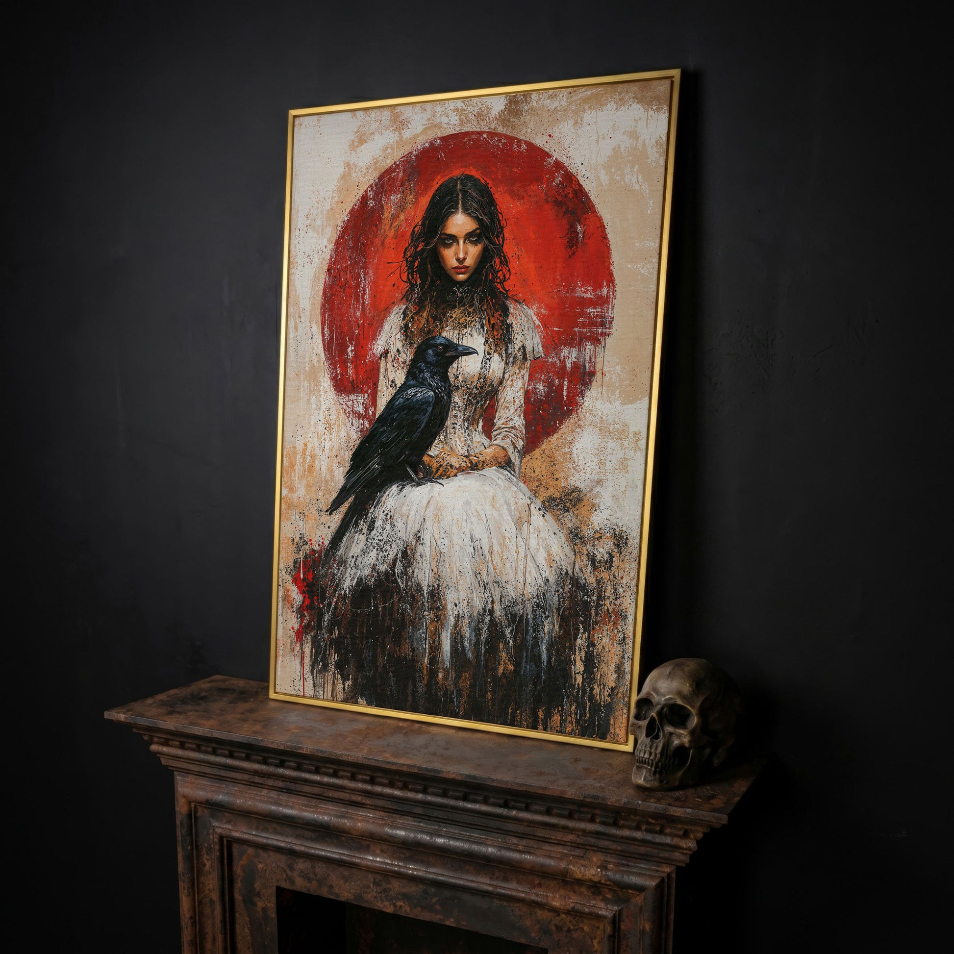 Gothic Queen and Black Raven Portrait Canvas in yellow gold floating frame