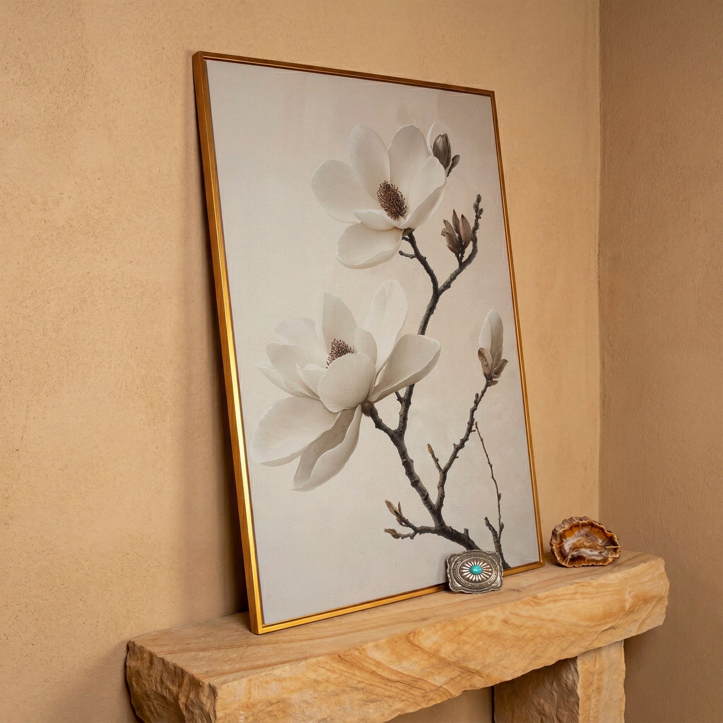 Magnolia Blooms Canvas Print in Cream and Taupe in antique gold floating frame