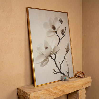 Magnolia Blooms Canvas Print in Cream and Taupe in antique gold floating frame