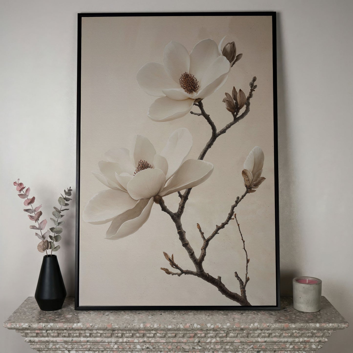 Magnolia Blooms Canvas Print in Cream and Taupe in black floating frame