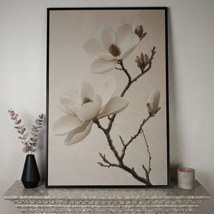 Magnolia Blooms Canvas Print in Cream and Taupe in black floating frame
