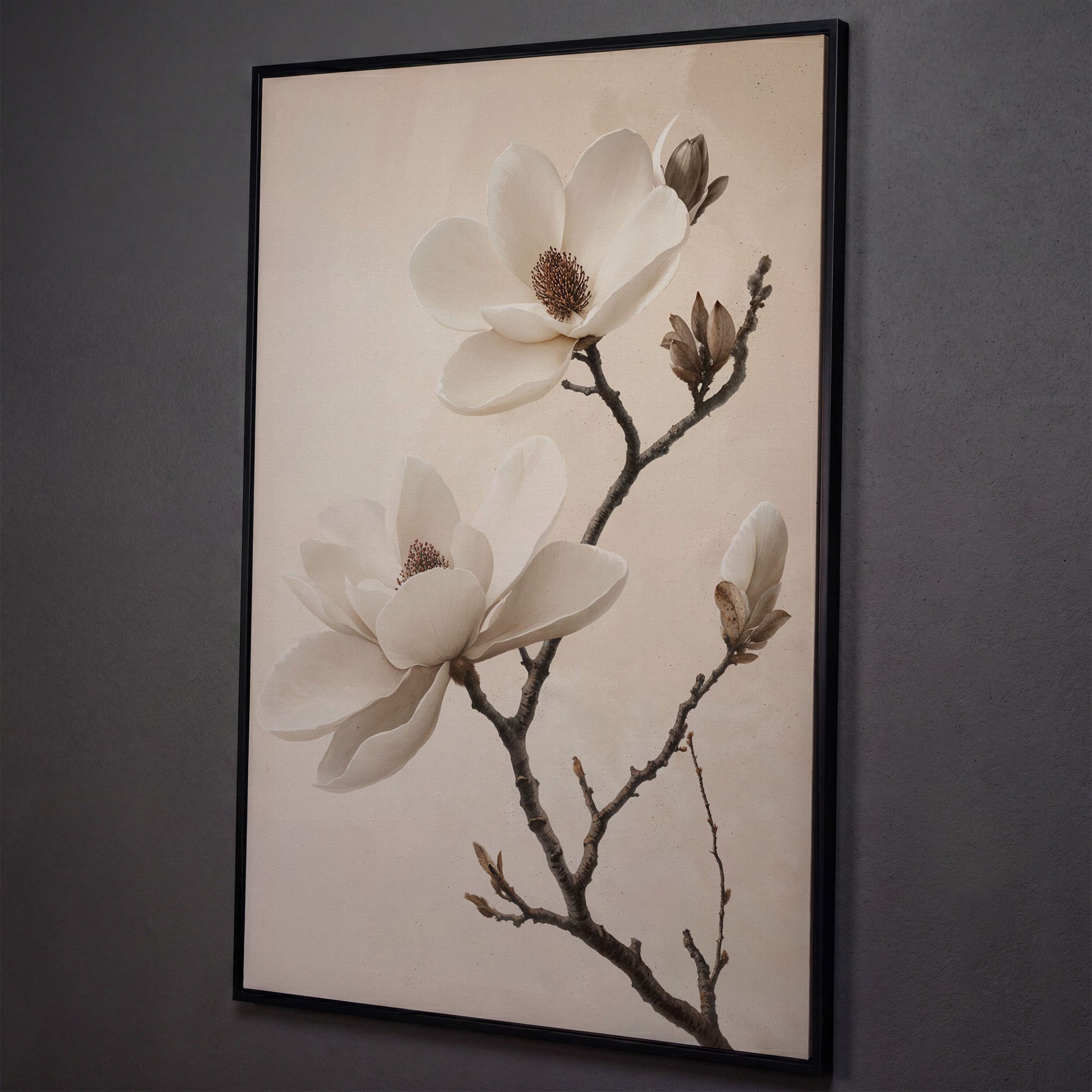 Magnolia Blooms Canvas Print in Cream and Taupe shown in black floating frame