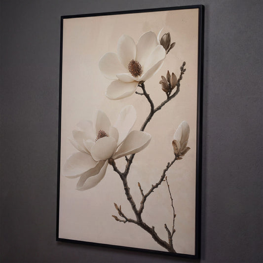 Magnolia Blooms Canvas Print in Cream and Taupe shown in black floating frame