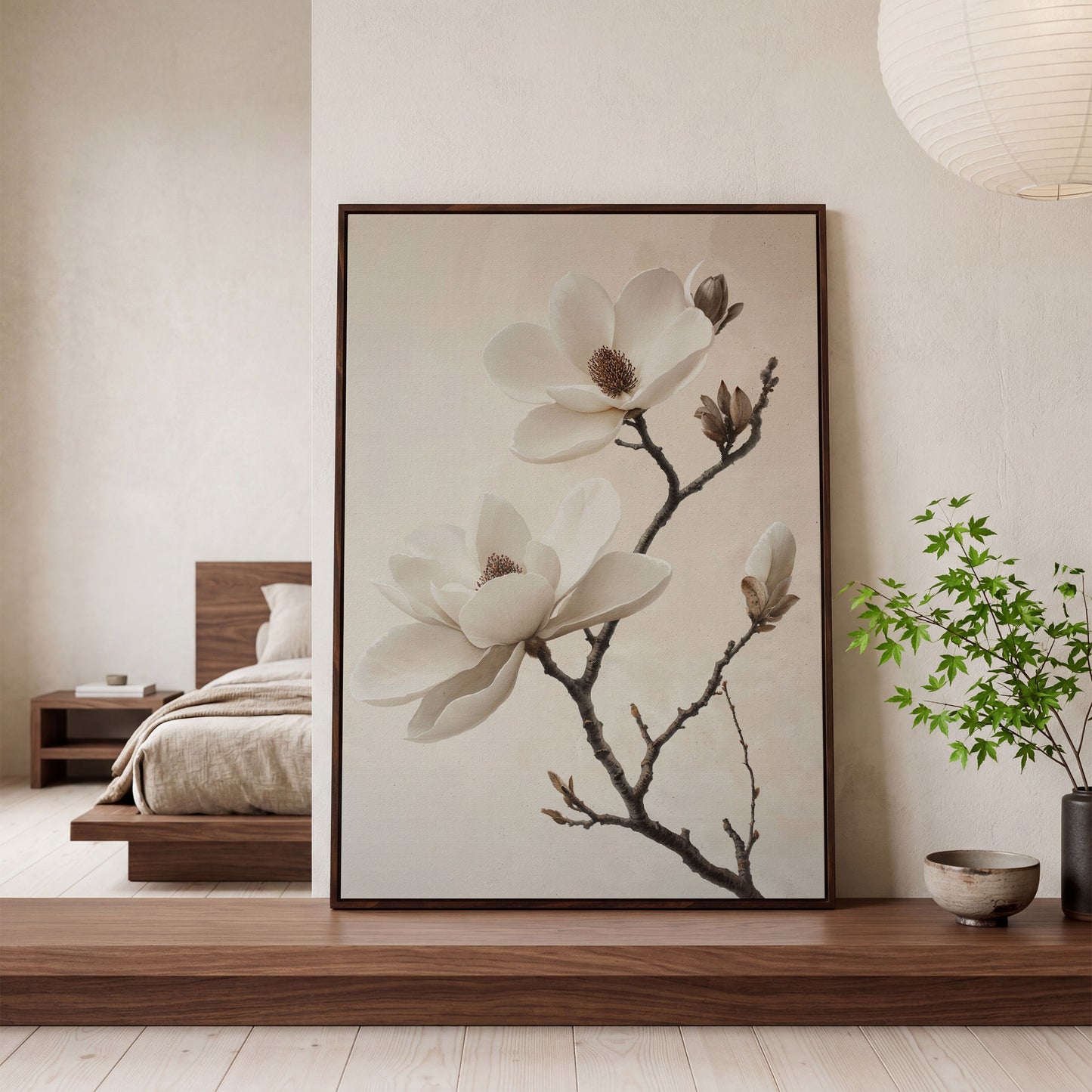 Magnolia Blooms Canvas Print in Cream and Taupe in dark walnut floating frame