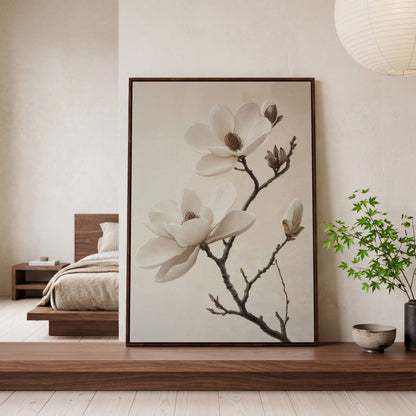 Magnolia Blooms Canvas Print in Cream and Taupe in dark walnut floating frame