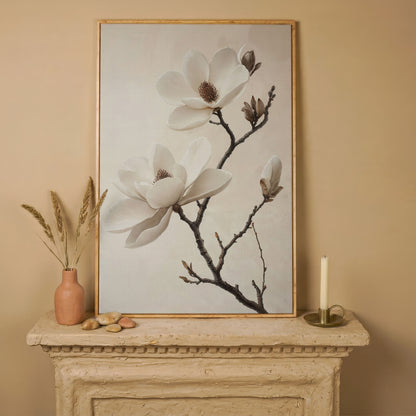 Magnolia Blooms Canvas Print in Cream and Taupe in white oak floating frame