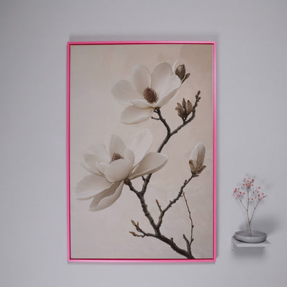 Magnolia Blooms Canvas Print in Cream and Taupe in pink floating frame