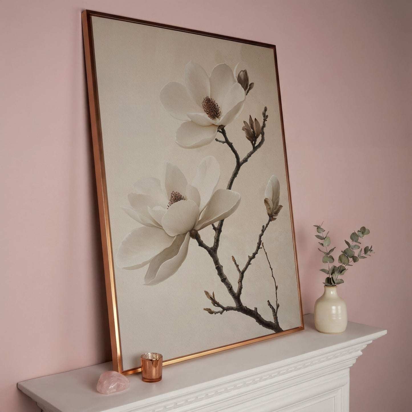 Magnolia Blooms Canvas Print in Cream and Taupe in rose gold floating frame