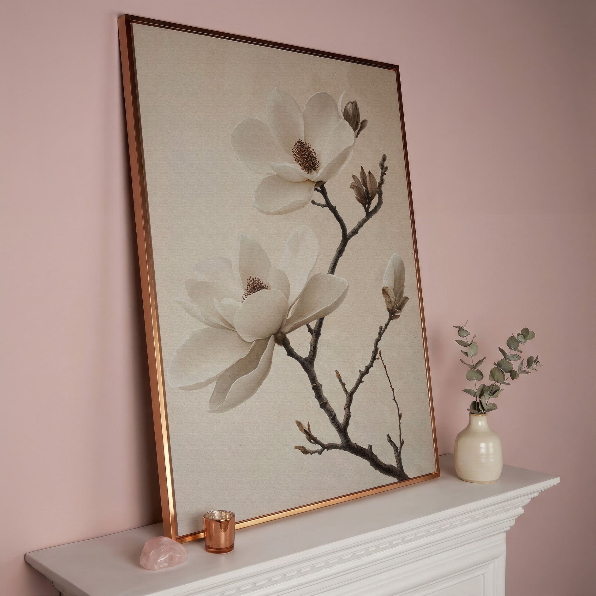 Magnolia Blooms Canvas Print in Cream and Taupe in rose gold floating frame