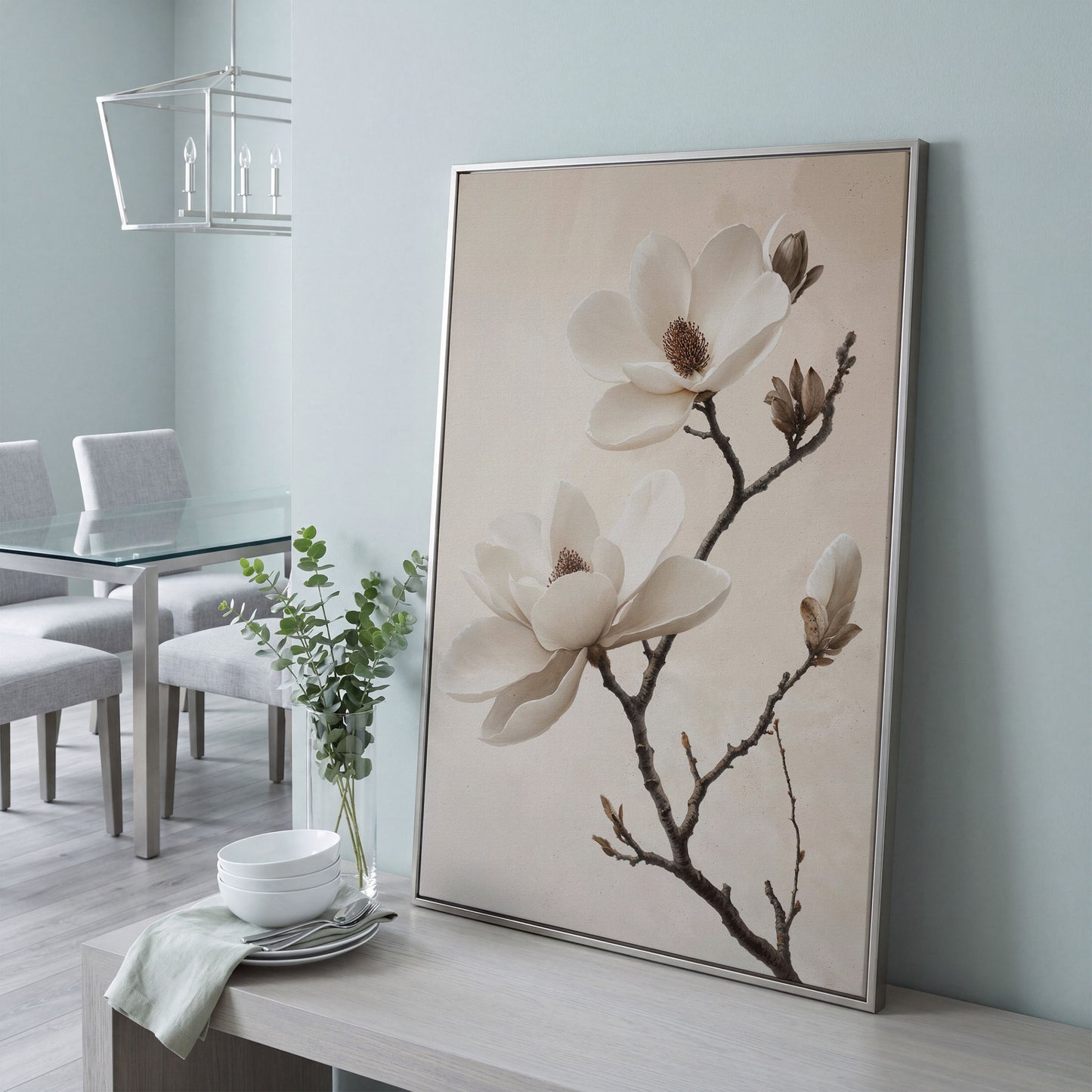 Magnolia Blooms Canvas Print in Cream and Taupe in silver floating frame