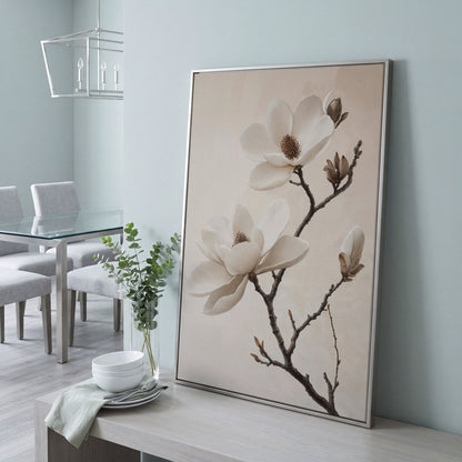 Magnolia Blooms Canvas Print in Cream and Taupe in silver floating frame