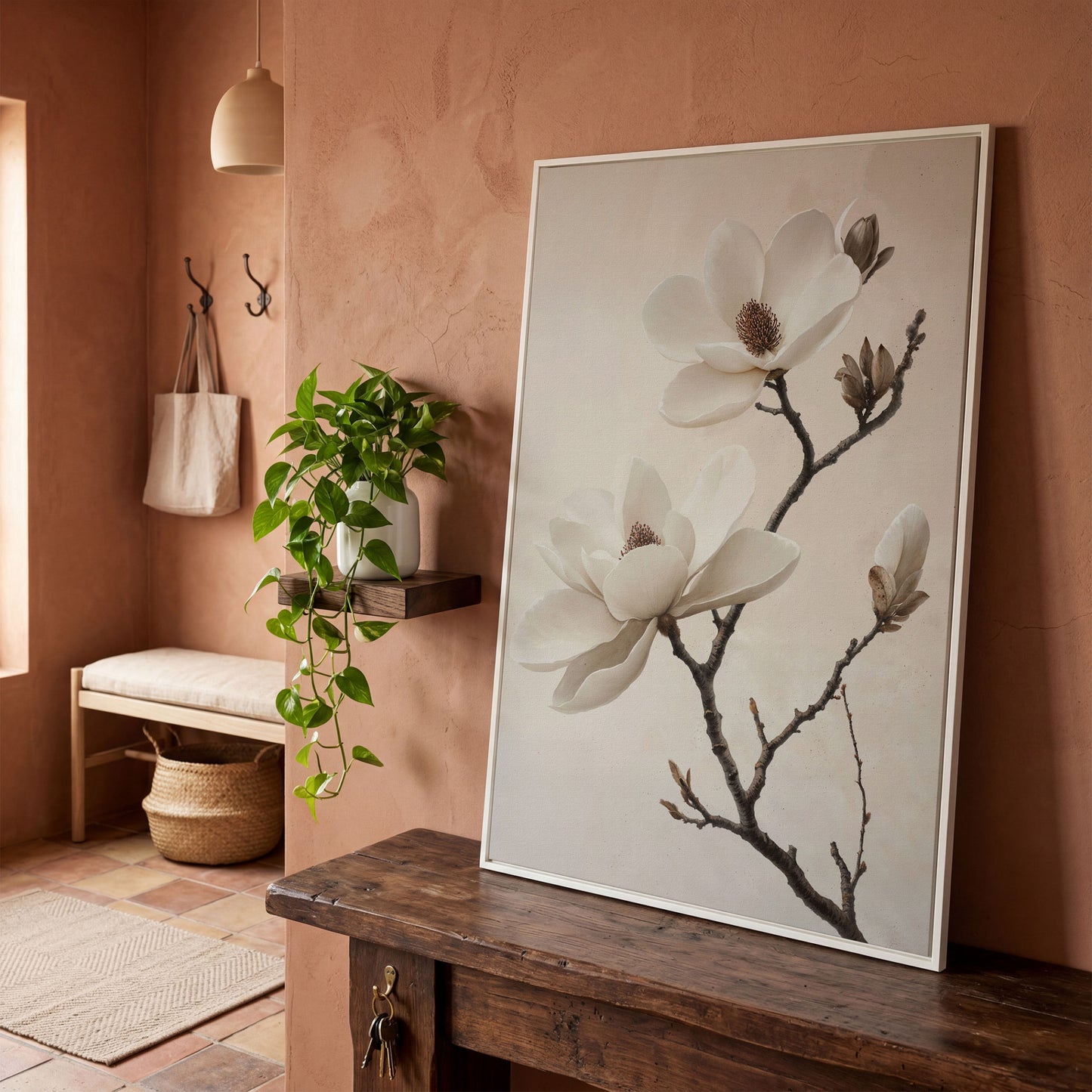 Magnolia Blooms Canvas Print in Cream and Taupe in white floating frame