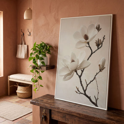Magnolia Blooms Canvas Print in Cream and Taupe in white floating frame