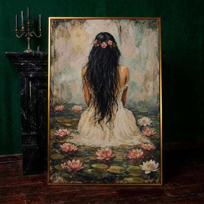 Girl in Lily Pond Canvas Print with Dusty Rose & Olive in antique gold floating frame