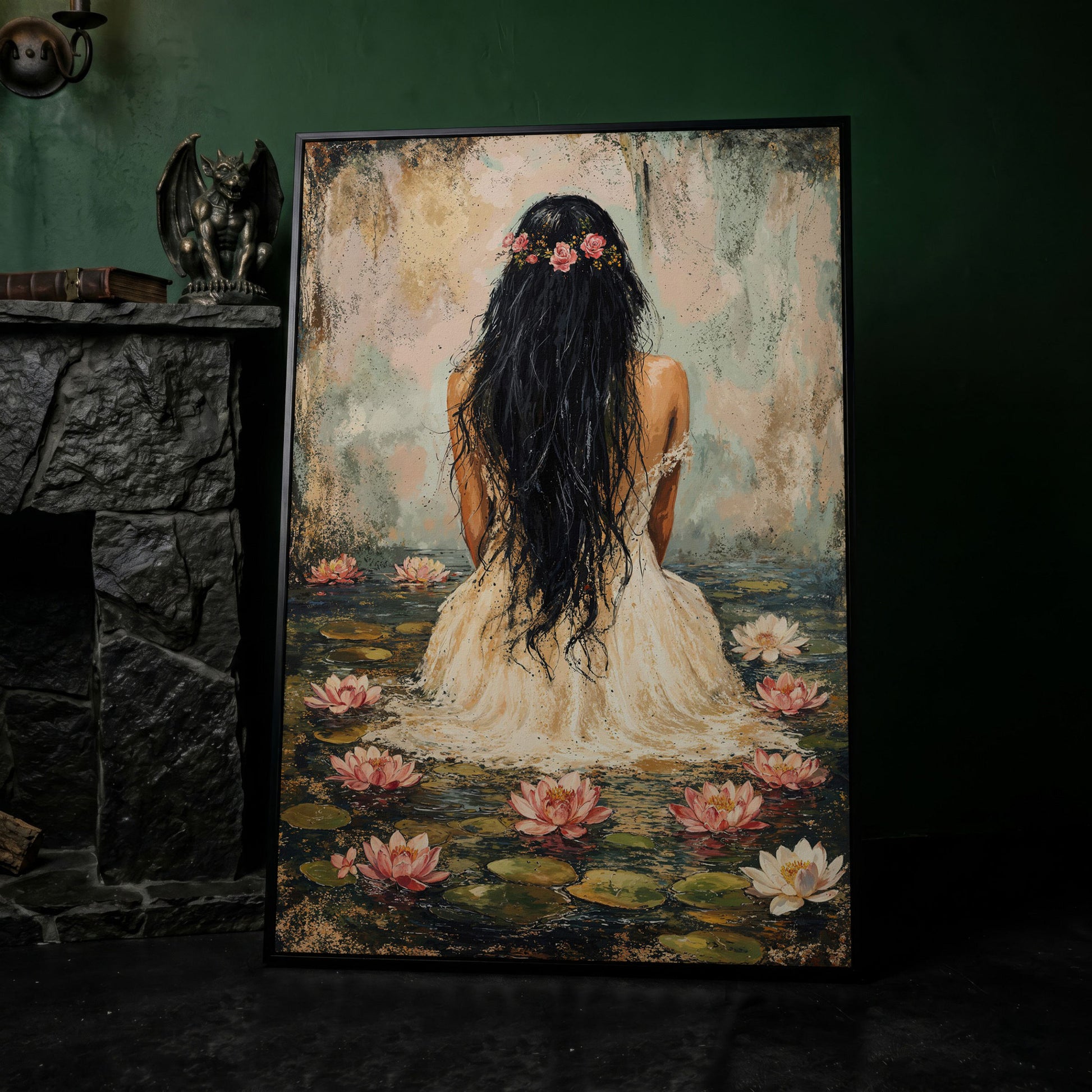 Girl in Lily Pond Canvas Print with Dusty Rose & Olive in black floating frame