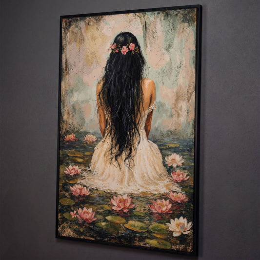 Girl in Lily Pond Canvas Print with Dusty Rose & Olive shown in black floating frame