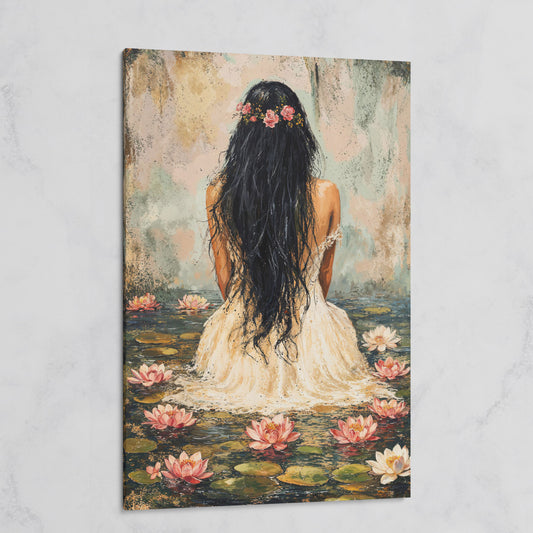 Girl in Lily Pond Canvas Print with Dusty Rose & Olive on gallery wrap