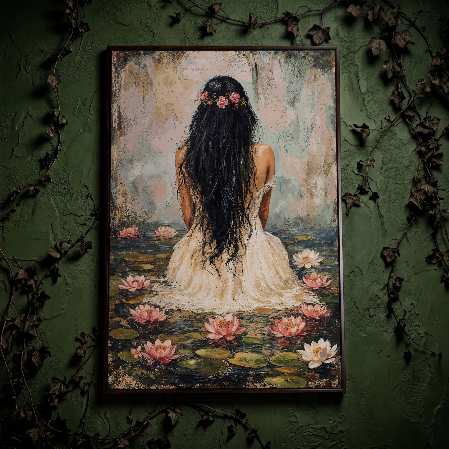Girl in Lily Pond Canvas Print with Dusty Rose & Olive in dark walnut floating frame