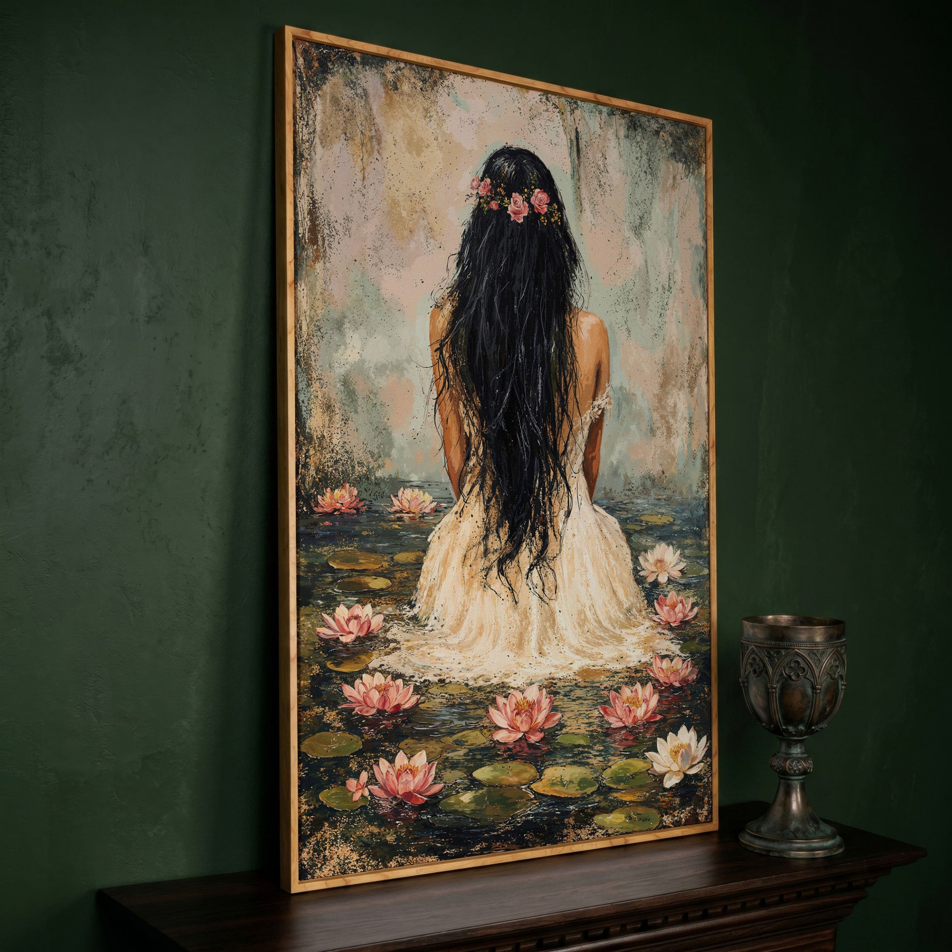 Girl in Lily Pond Canvas Print with Dusty Rose & Olive in white oak floating frame