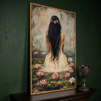 Girl in Lily Pond Canvas Print with Dusty Rose & Olive in white oak floating frame