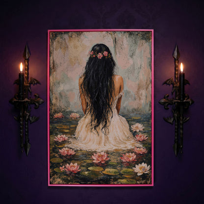 Girl in Lily Pond Canvas Print with Dusty Rose & Olive in pink floating frame