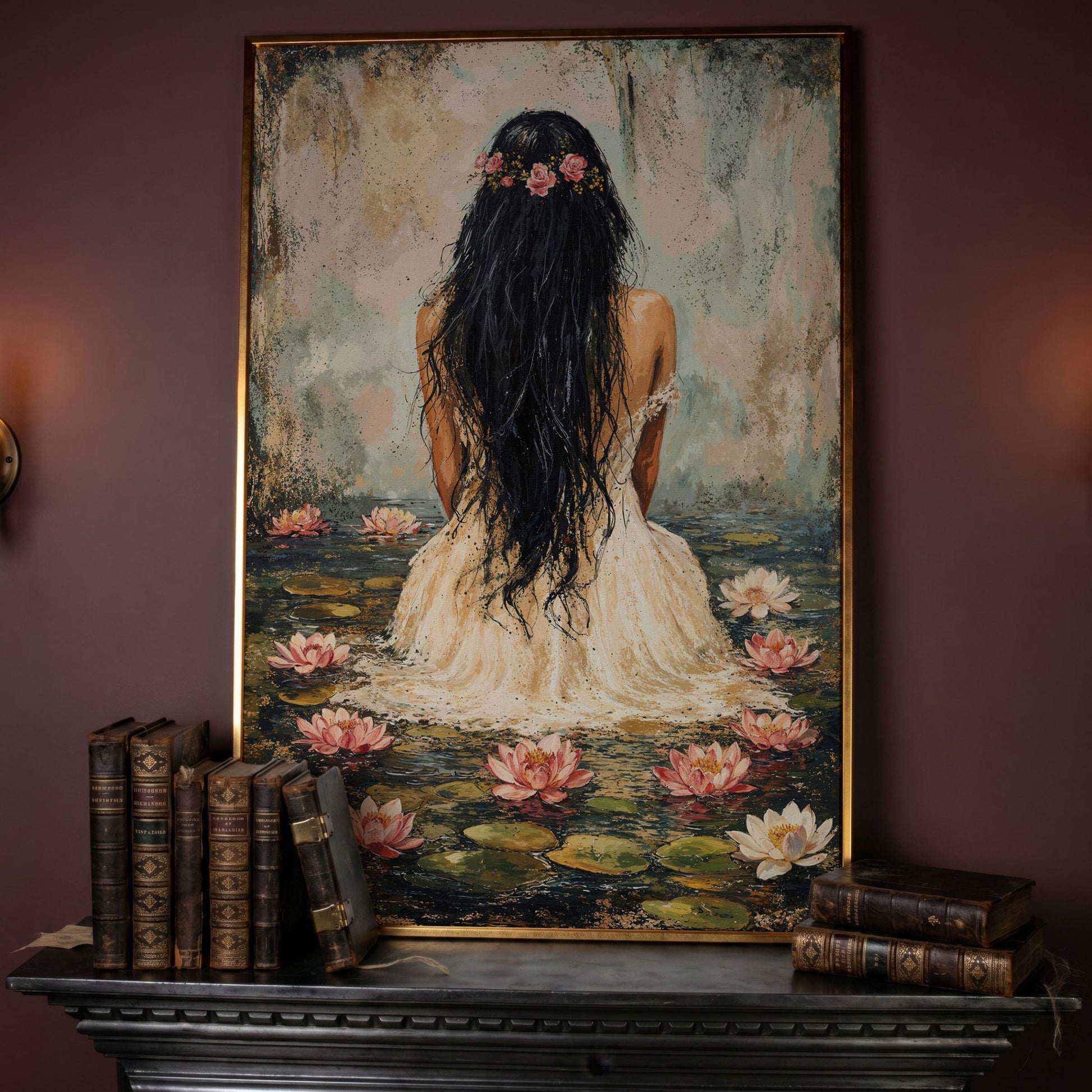 Girl in Lily Pond Canvas Print with Dusty Rose & Olive in rose gold floating frame