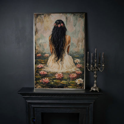 Girl in Lily Pond Canvas Print with Dusty Rose & Olive in silver floating frame