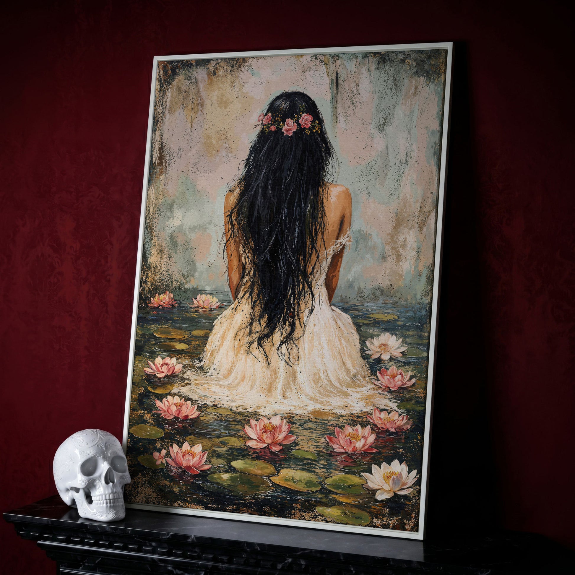 Girl in Lily Pond Canvas Print with Dusty Rose & Olive in white floating frame