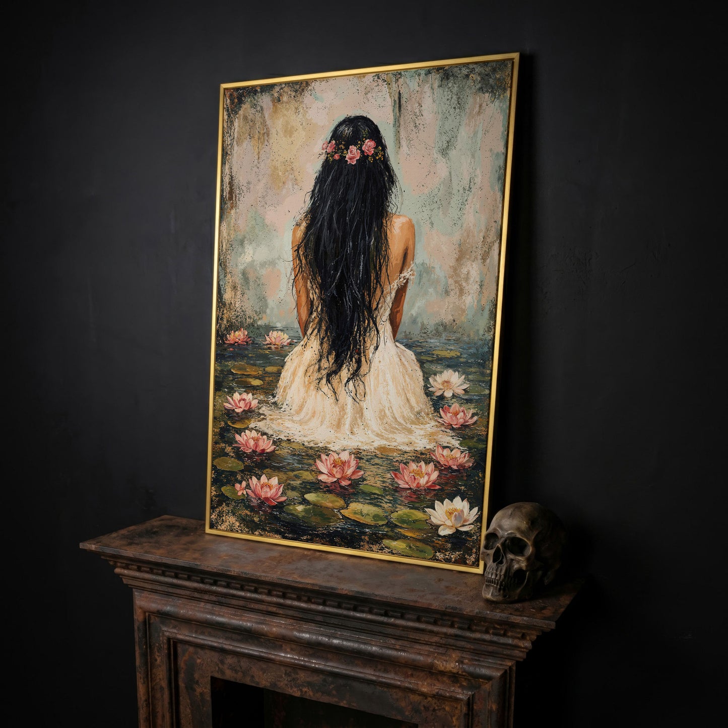 Girl in Lily Pond Canvas Print with Dusty Rose & Olive in yellow gold floating frame