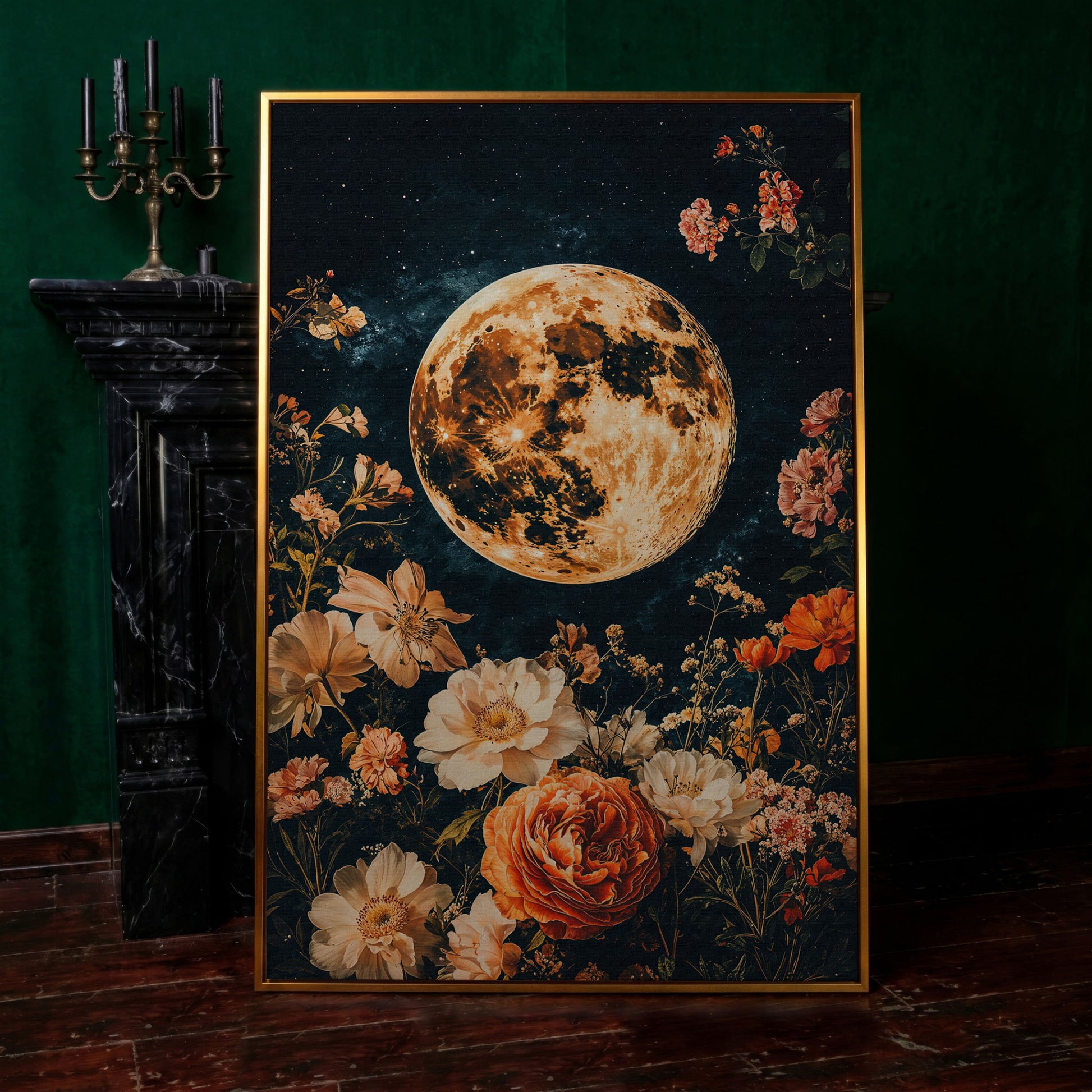 Full Moon and Elegant Flowers Canvas in antique gold floating frame