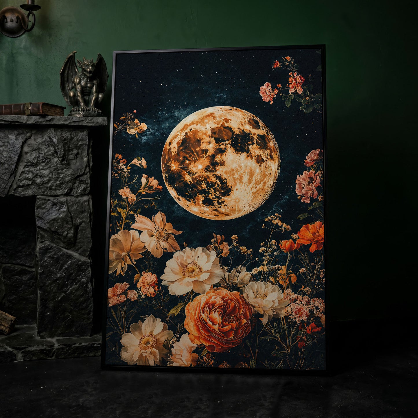 Full Moon and Elegant Flowers Canvas in black floating frame