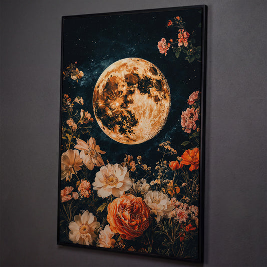 Full Moon and Elegant Flowers Canvas shown in black floating frame
