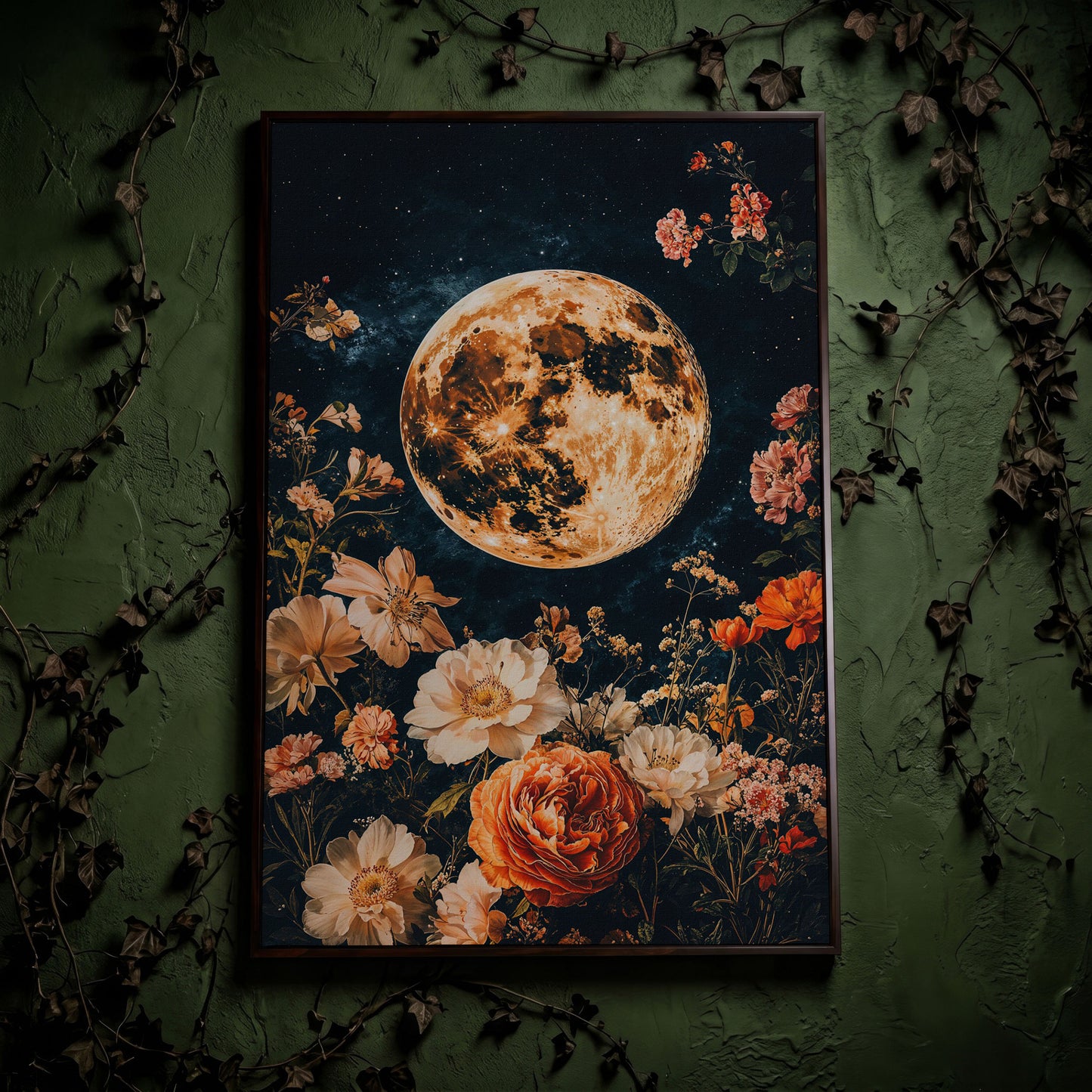 Full Moon and Elegant Flowers Canvas in dark walnut floating frame