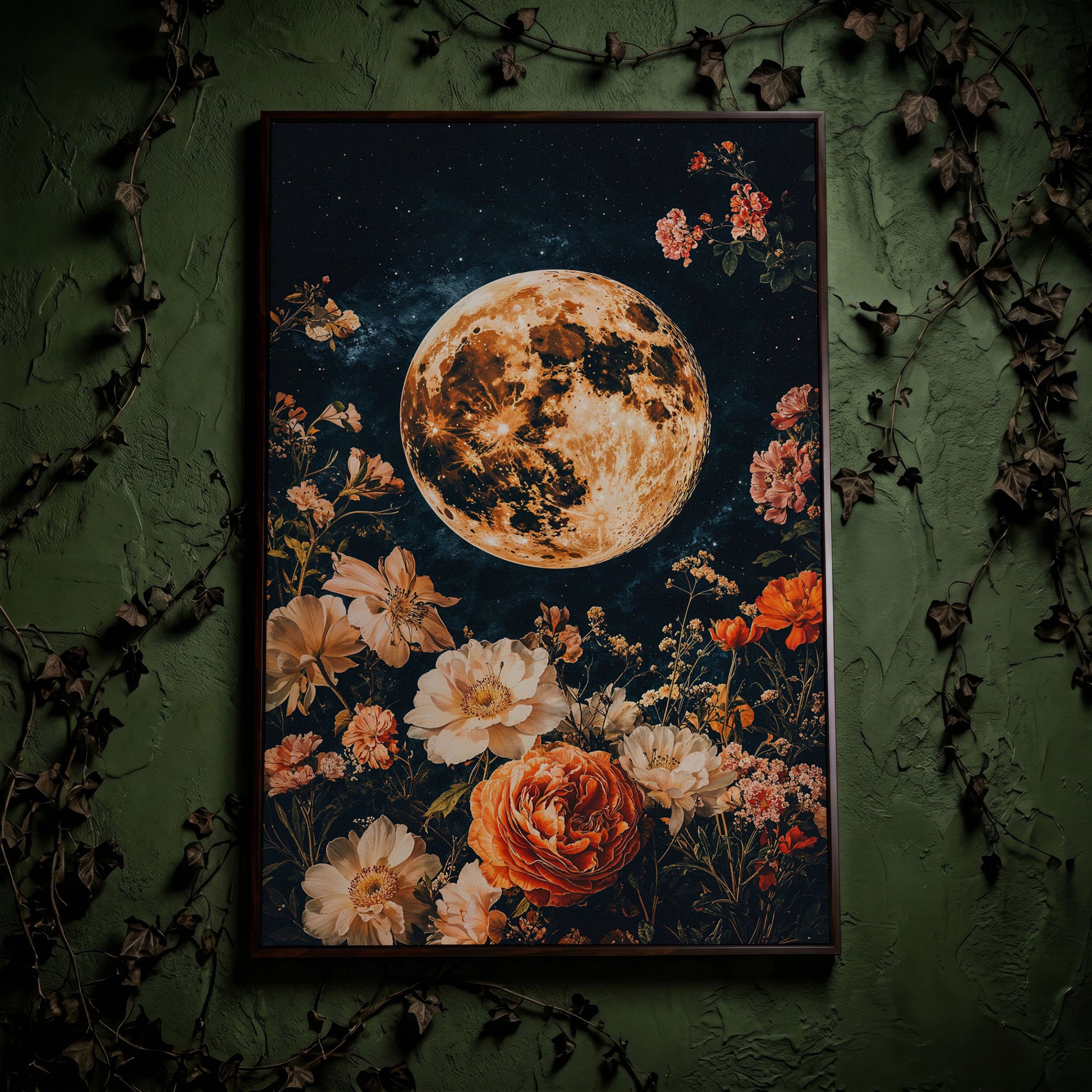 Full Moon and Elegant Flowers Canvas in dark walnut floating frame