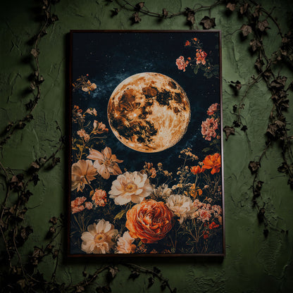 Full Moon and Elegant Flowers Canvas in dark walnut floating frame