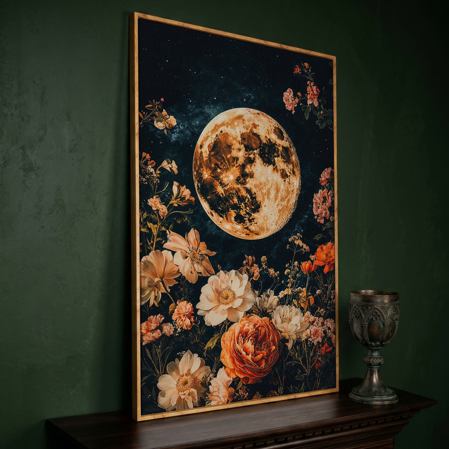Full Moon and Elegant Flowers Canvas in white oak floating frame