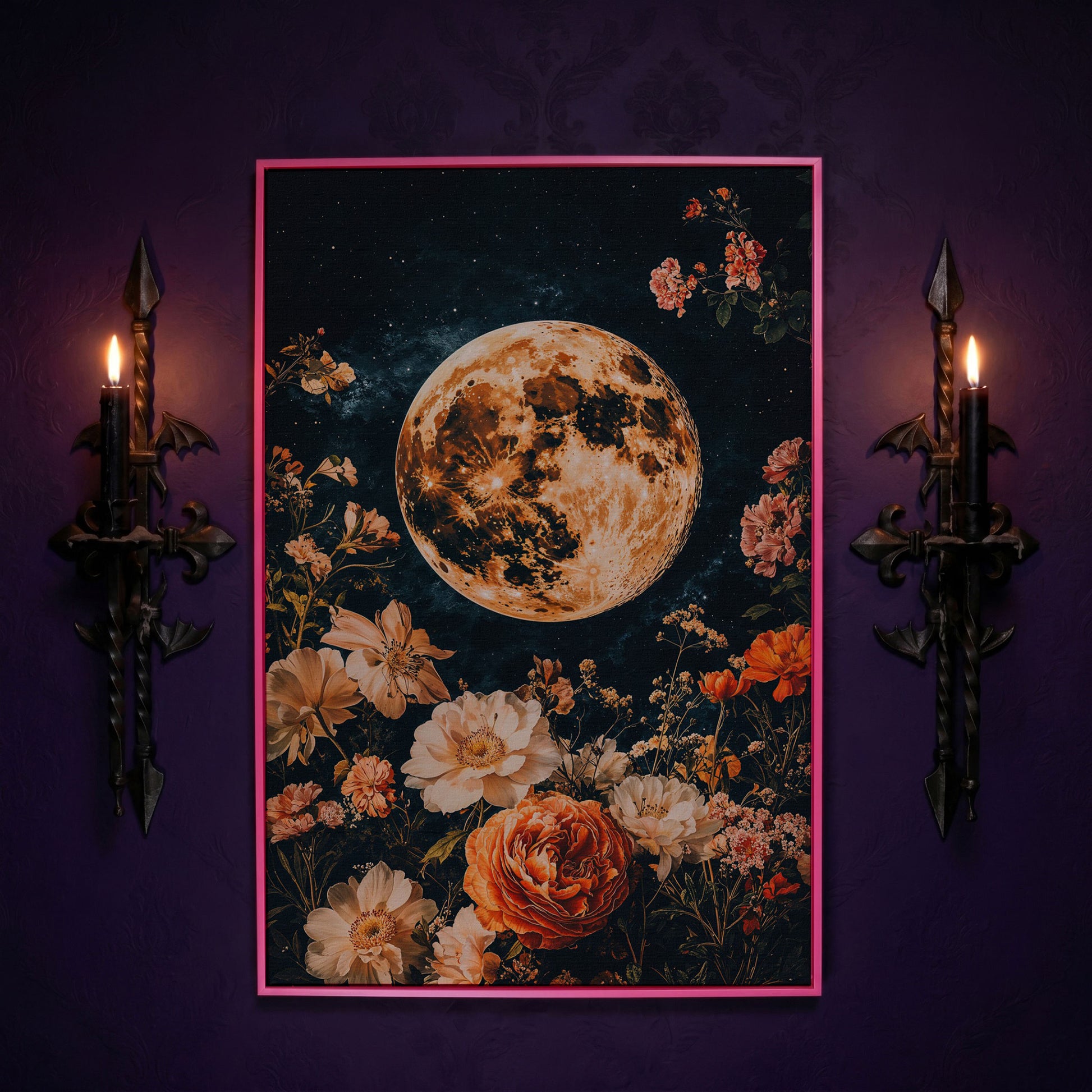 Full Moon and Elegant Flowers Canvas in pink floating frame