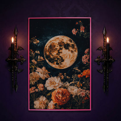 Full Moon and Elegant Flowers Canvas in pink floating frame