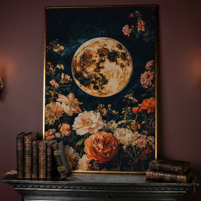 Full Moon and Elegant Flowers Canvas in rose gold floating frame