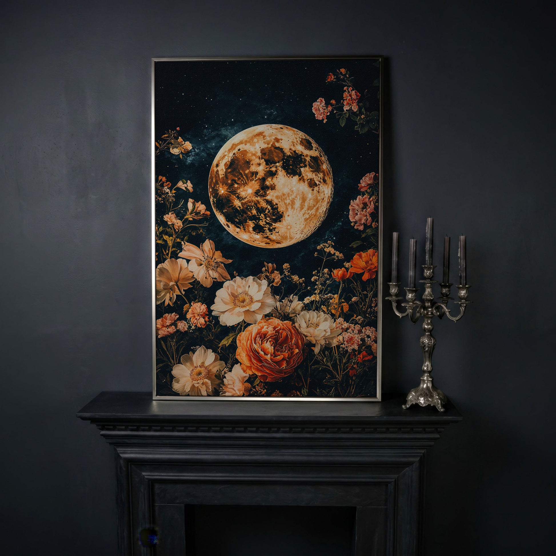Full Moon and Elegant Flowers Canvas in silver floating frame