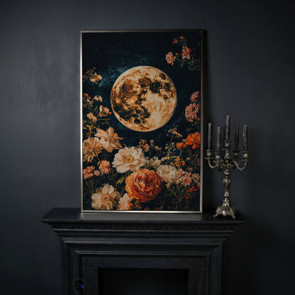 Full Moon and Elegant Flowers Canvas in silver floating frame