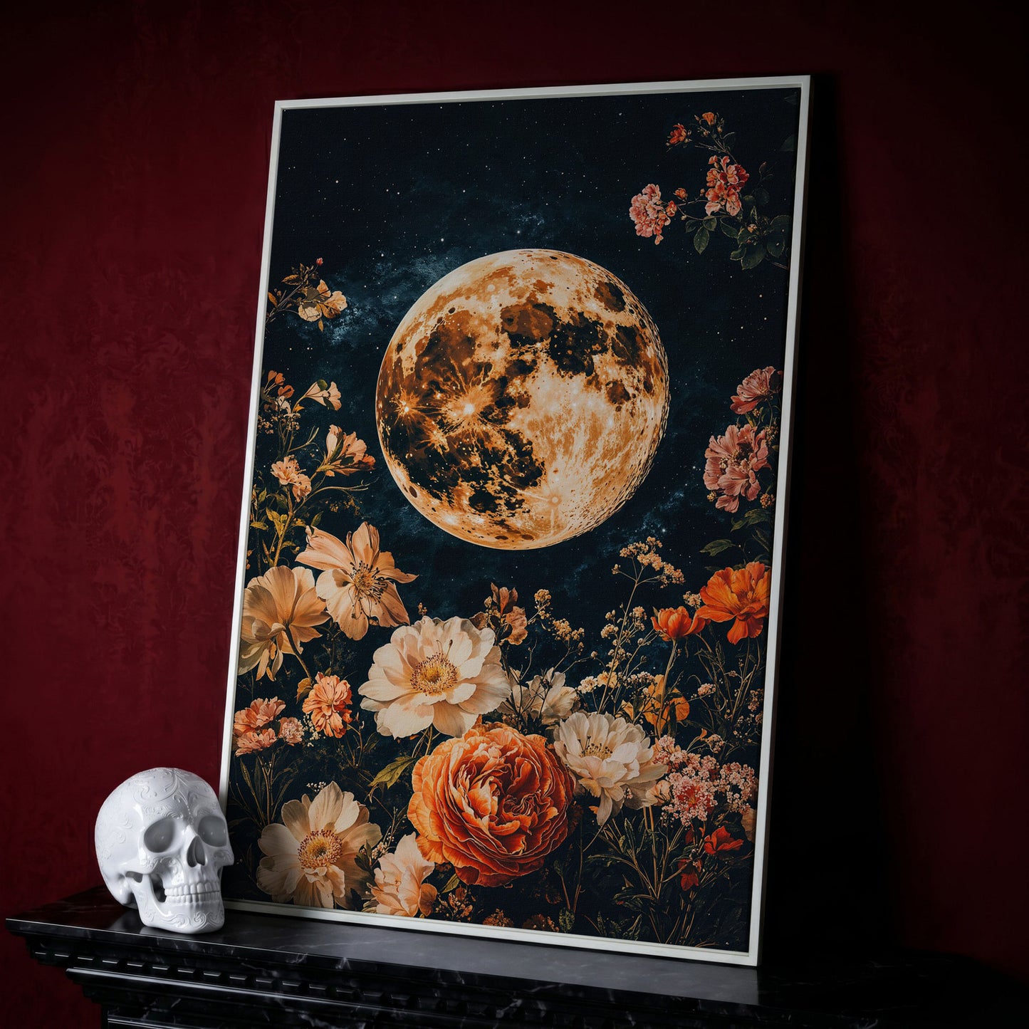 Full Moon and Elegant Flowers Canvas in white floating frame