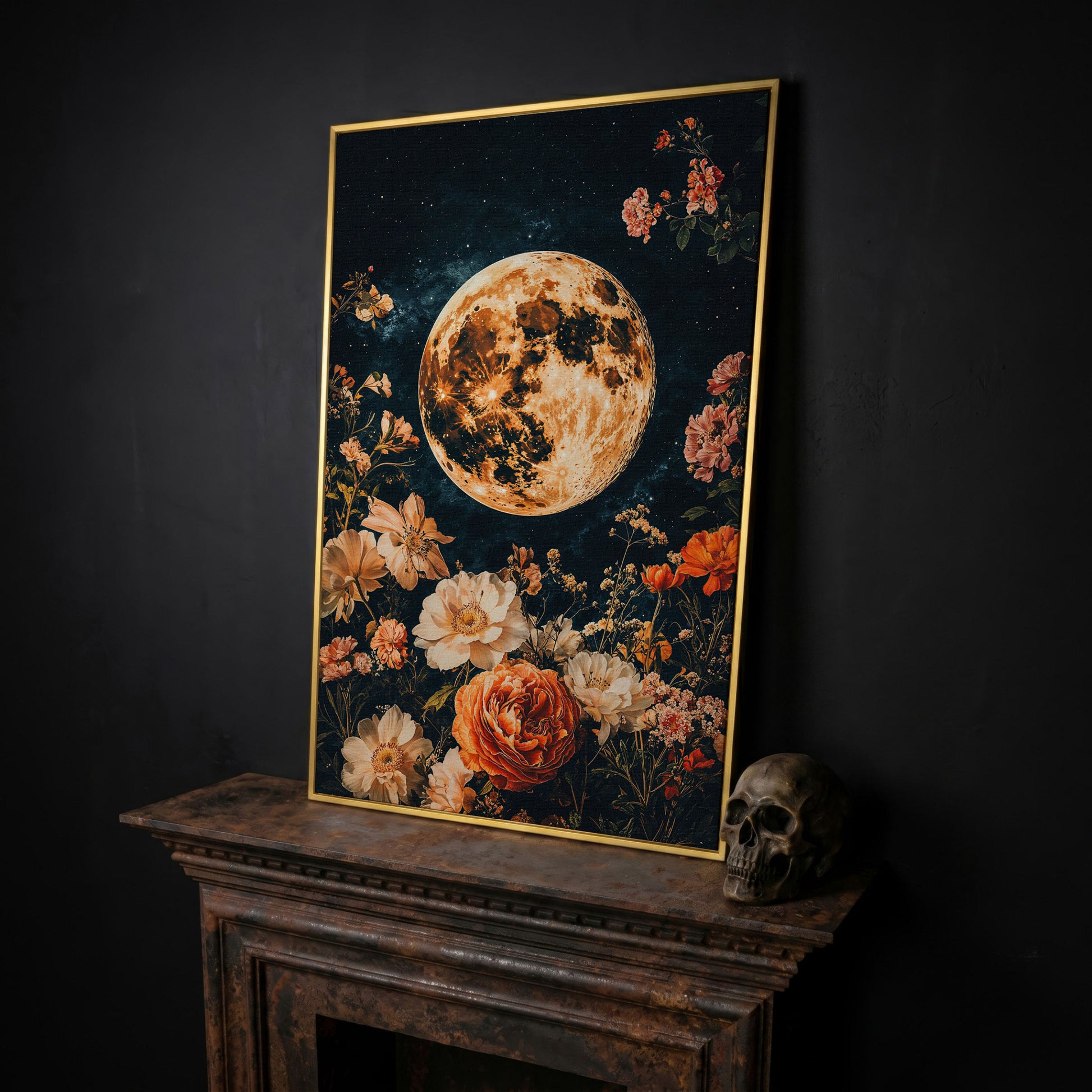 Full Moon and Elegant Flowers Canvas in yellow gold floating frame